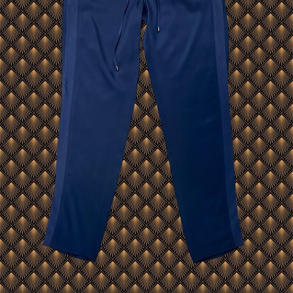 Vince Navy Blue 100% Silk Drawstring Waist Tapered Slim Leg Tuxedo Stripe Pants - Picture 9 of 16